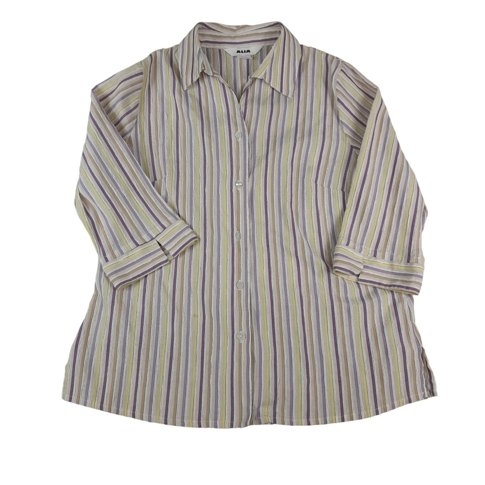 Alia Button Up Blouse Womens 8 Multicolor Good Striped Seersucker 3/4 Sleeve